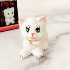 Vintage White Cat Figurine with Pink Accents Green Bright Eye’s Kitten Ceramic